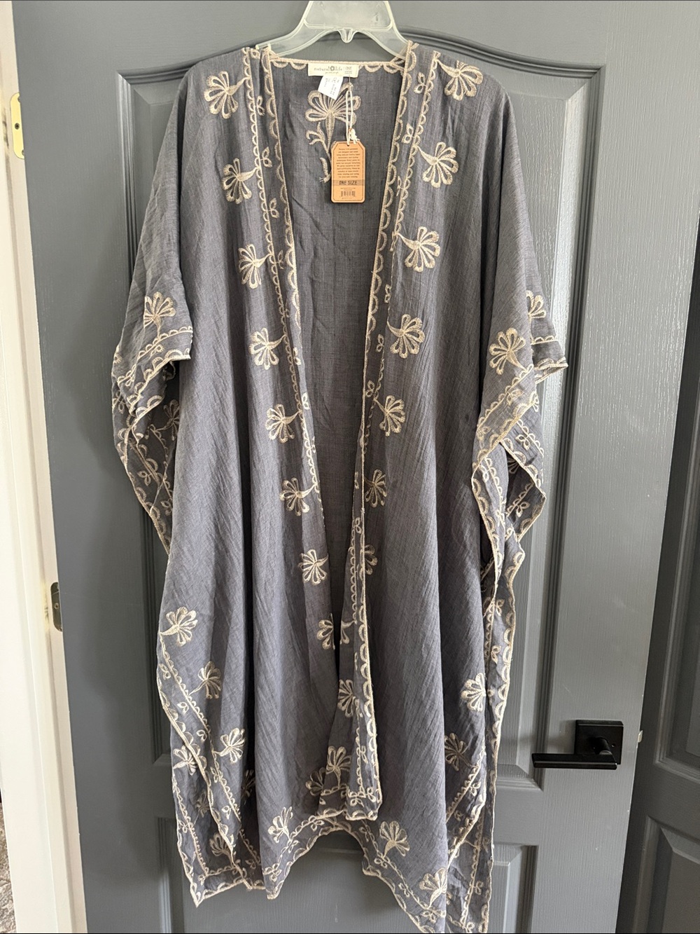 NATURAL LIFE Gray Kimono Cover with Cream Floral Embroidery